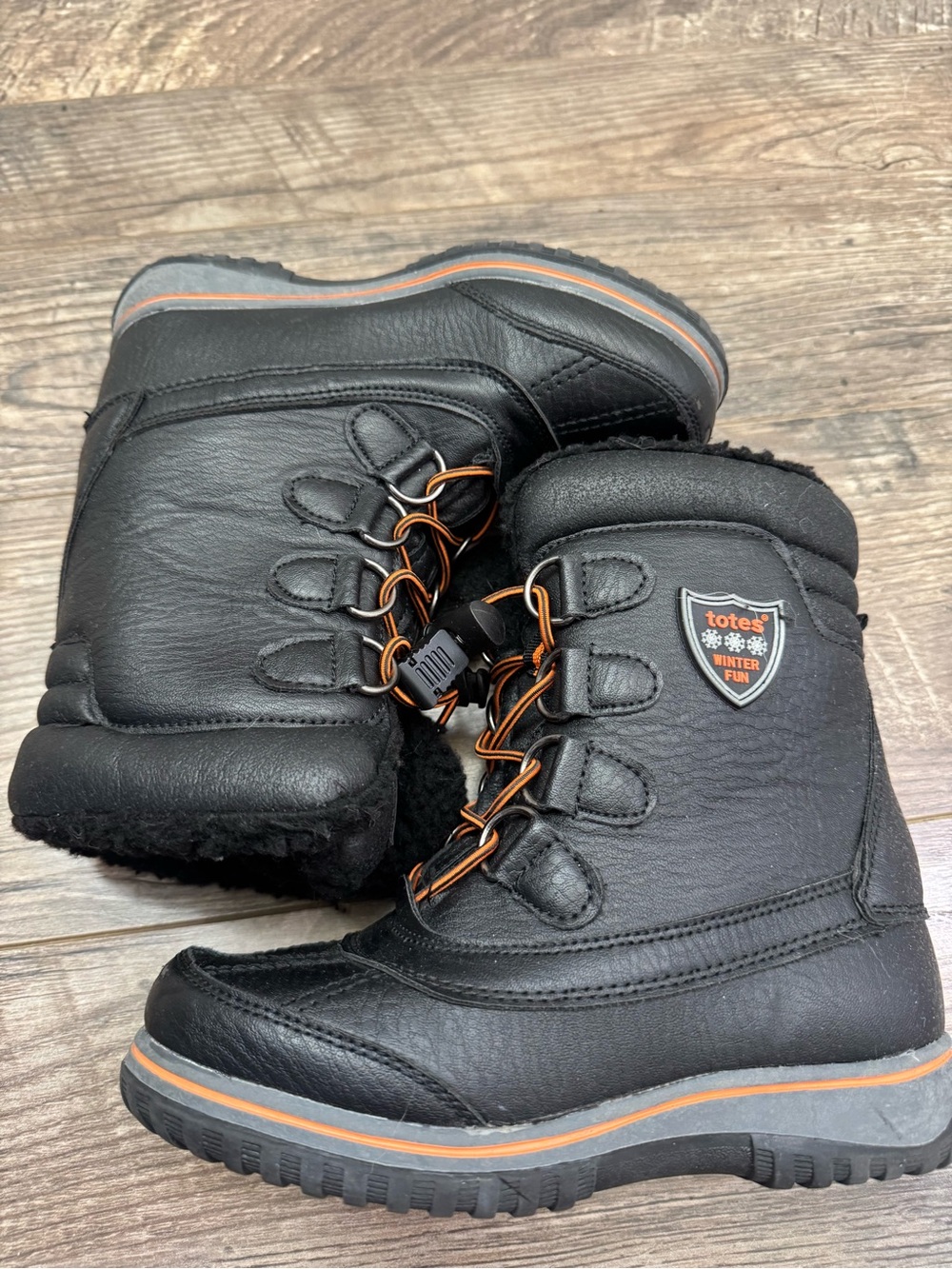 Totes Buster Kids Snow Boots Size 13 Black Orange Faux Fur Lined Winter - Picture 6 of 9